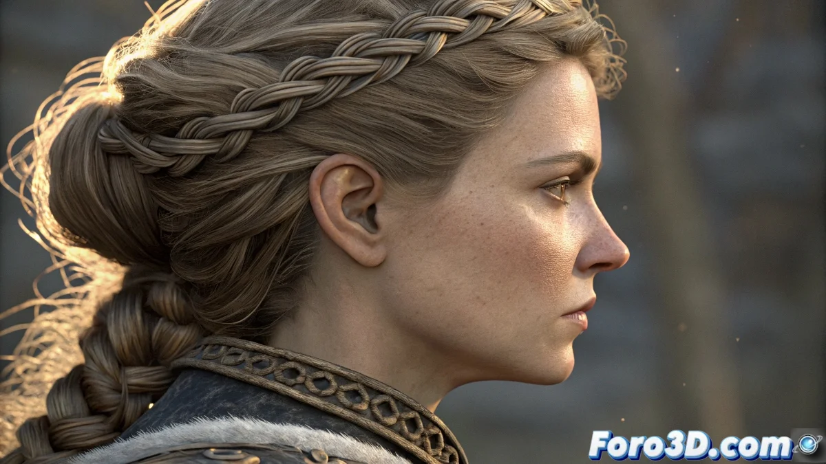 Render 3D realista de un personaje con cabello detallado y materiales complejos, mostrando las capacidades de los nuevos shaders en Blender 5.