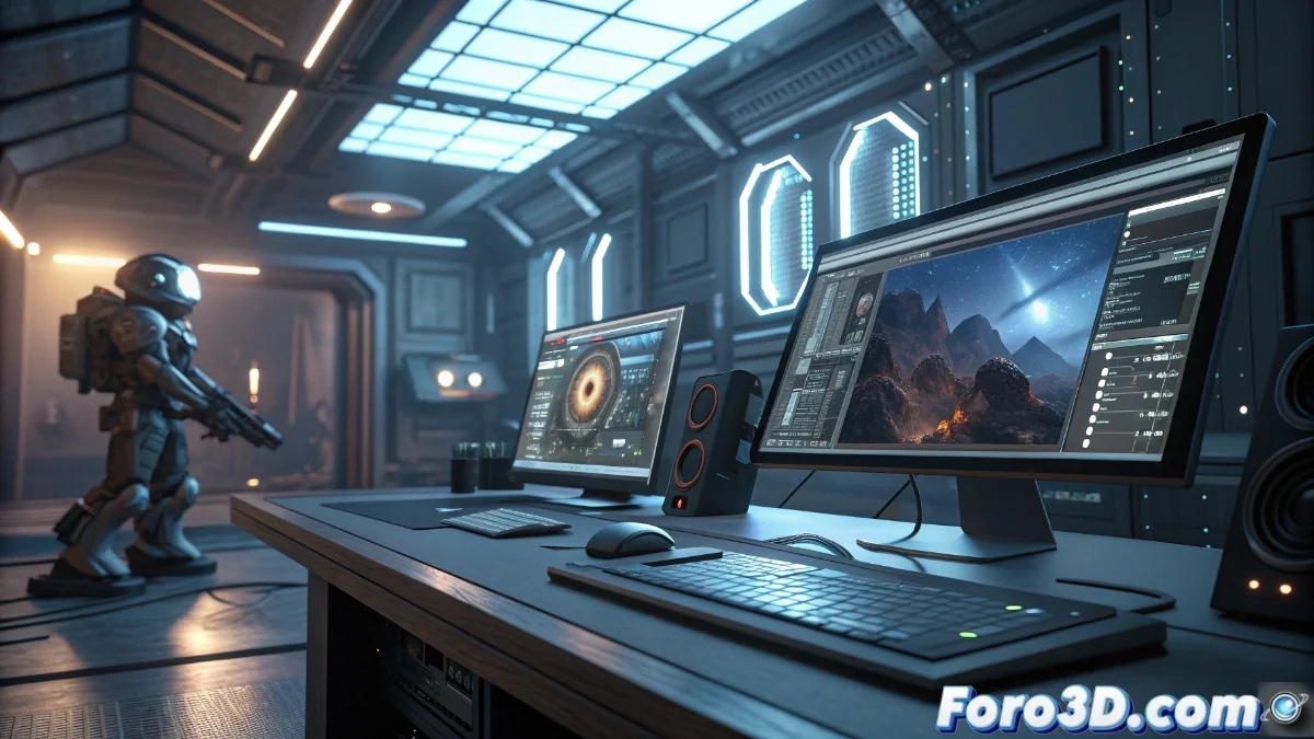 Interfaz de Blender 5 mostrando múltiples ventanas organizadas en monitores diferentes con herramientas de pintura digital activas