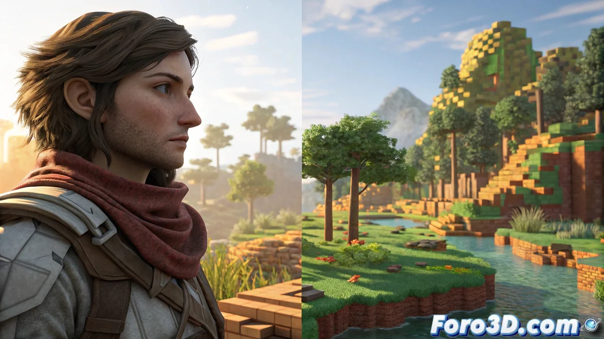 Comparativa visual entre escena 3D realista creada en Blender y escena voxelizada colorida diseñada en MagicaVoxel, mostrando interfaces de ambos programas.