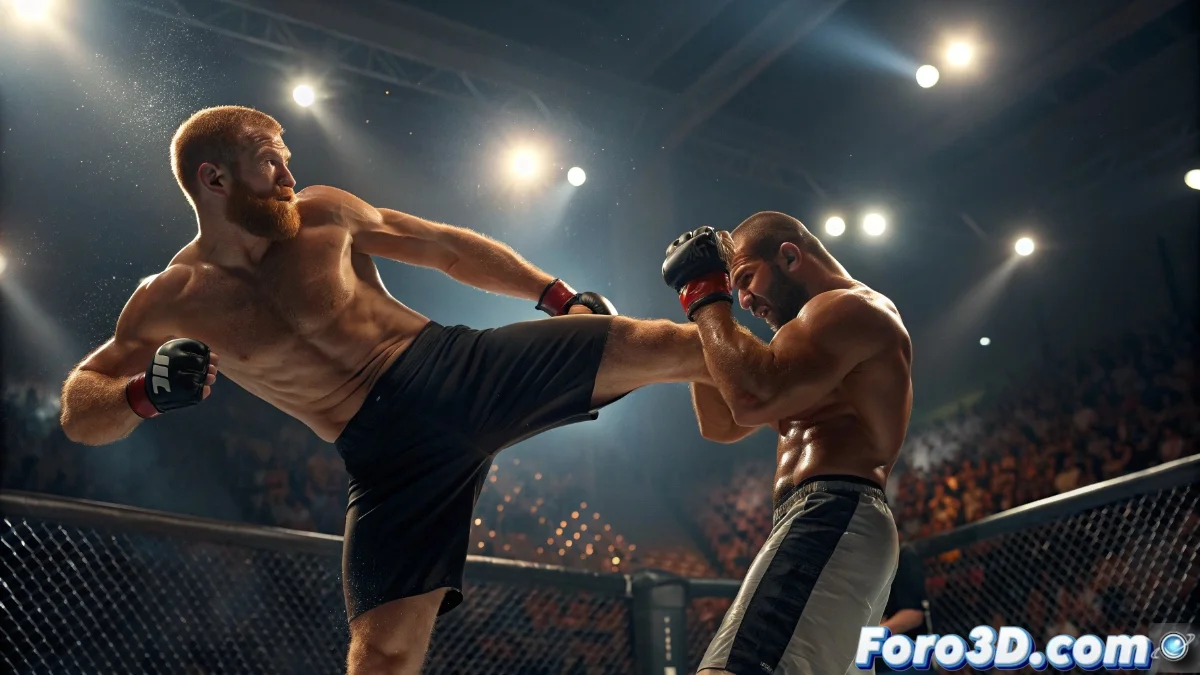 Bo Nickal conectando patada circular alta a la cabeza de Rodolfo Vieira durante el combate en UFC 322, con el público en pie en el fondo