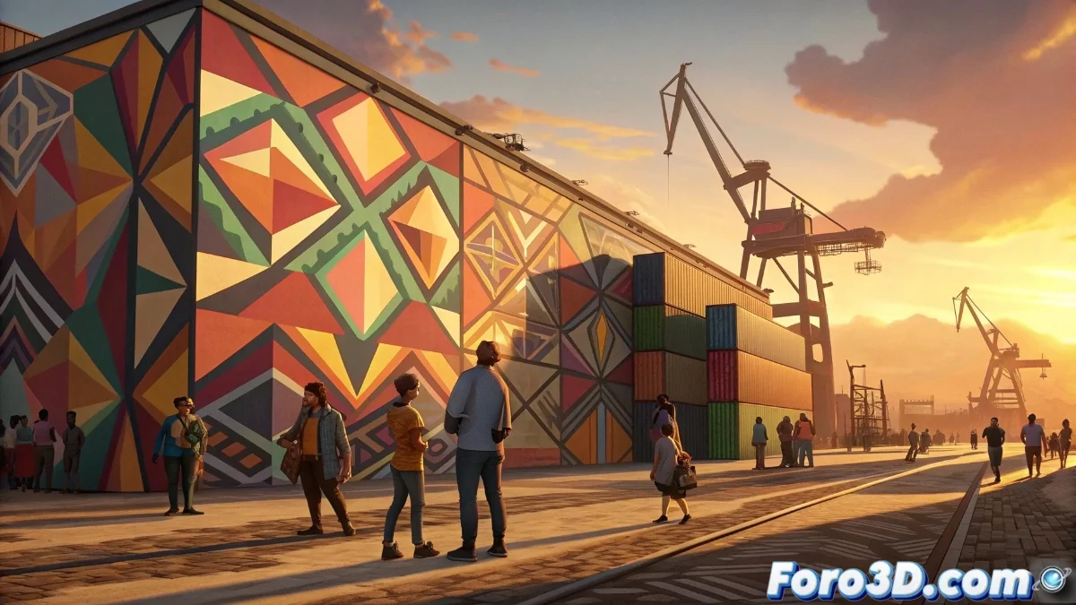 Intervención artística de colores vibrantes en el puerto de Santander, mostrando formas geométricas y letras que reflejan la participación comunitaria, con el mar y grúas industriales de fondo.