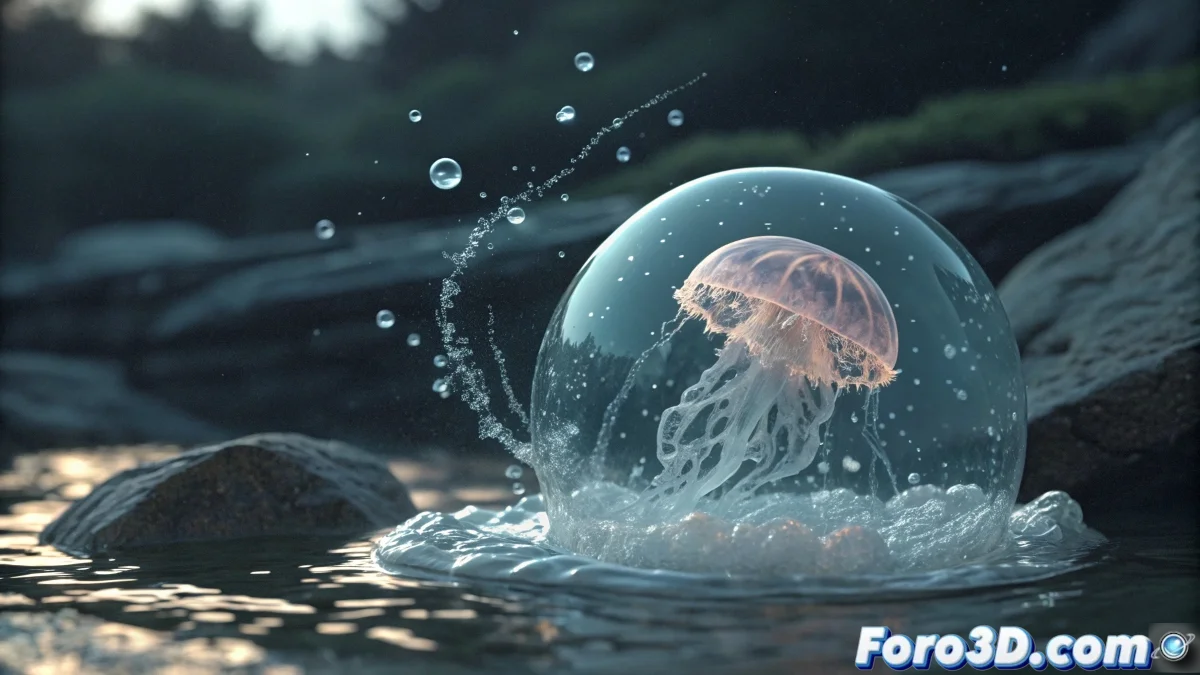 Esfera de agua flotante en RealFlow mostrando vibración superficial natural y objeto emergiendo a través de apertura controlada en la superficie