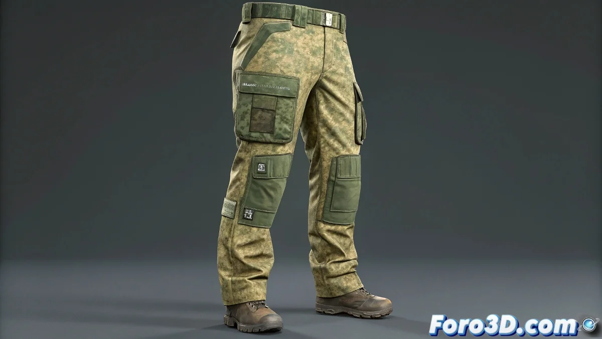 Simulacion de pantalon militar en 3ds Max mostrando bolsillos tipo cargo con pliegues y deformaciones realistas, interactuando con las piernas al caminar.