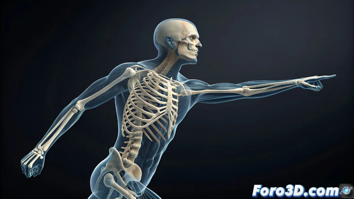 Personaje 3D con huesos clonados en 3ds Max mostrando desalineación en el antebrazo y bíceps, resaltando el problema de weighting incorrecto.