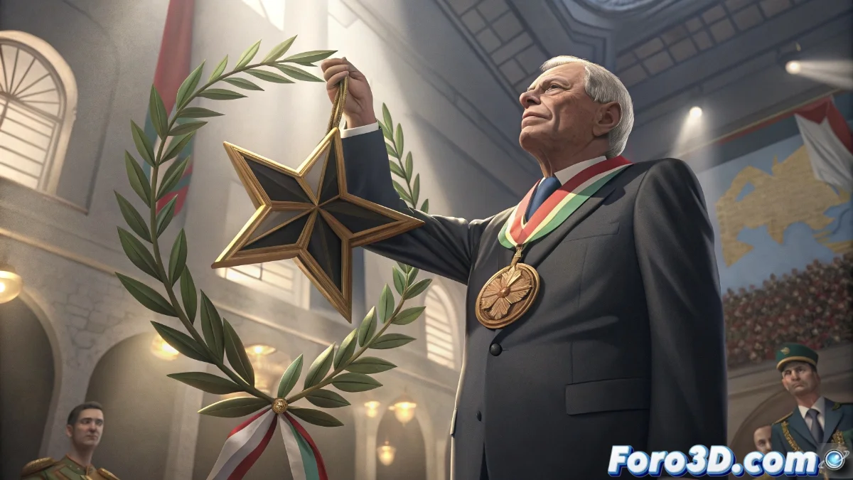 Josep Borrell sosteniendo la Gran Estrella de la Orden de Jerusalén durante ceremonia de entrega con banderas palestinas de fondo