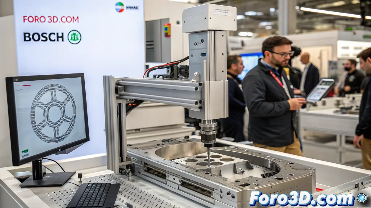 Impresora 3D de metal de Bosch fabricando piezas complejas en un entorno industrial moderno.