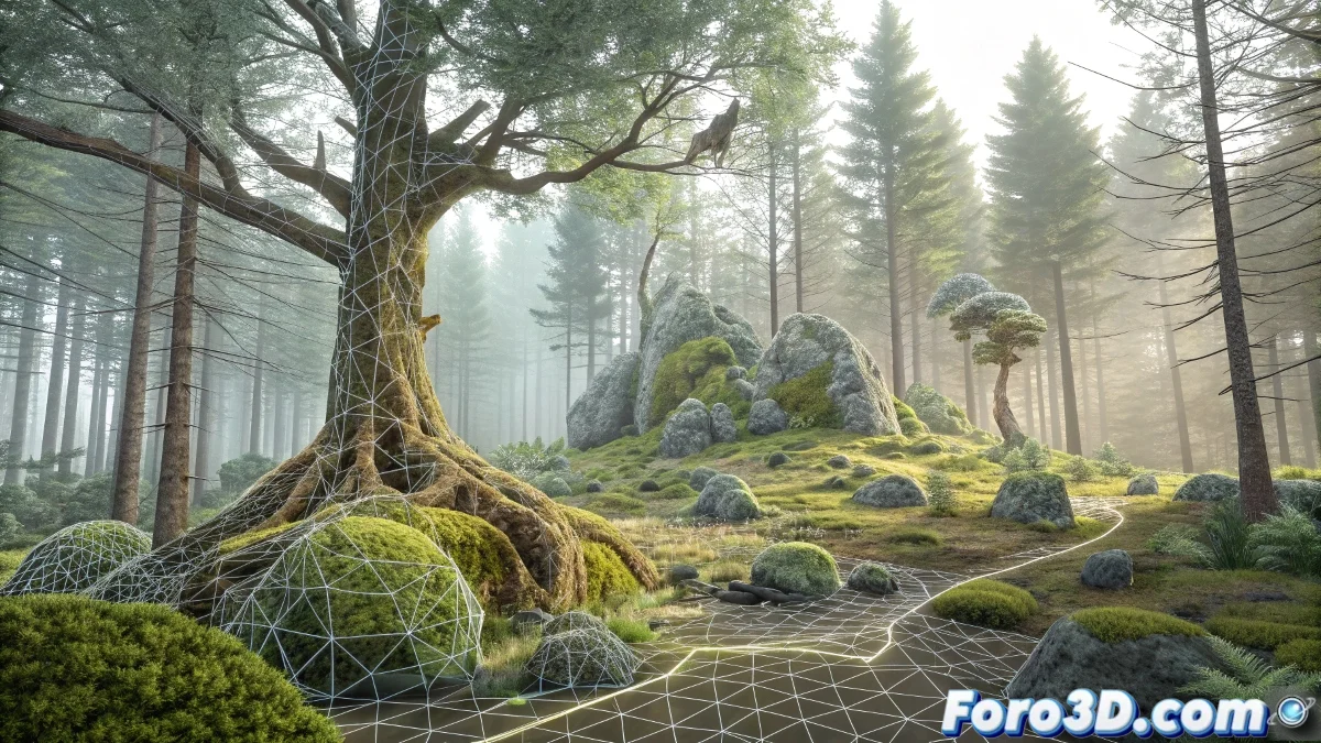 Bosque encantado de Urbasa con hayas antiguas y rocas cubiertas de musgo que adoptan formas fantásticas bajo la luz del atardecer.
