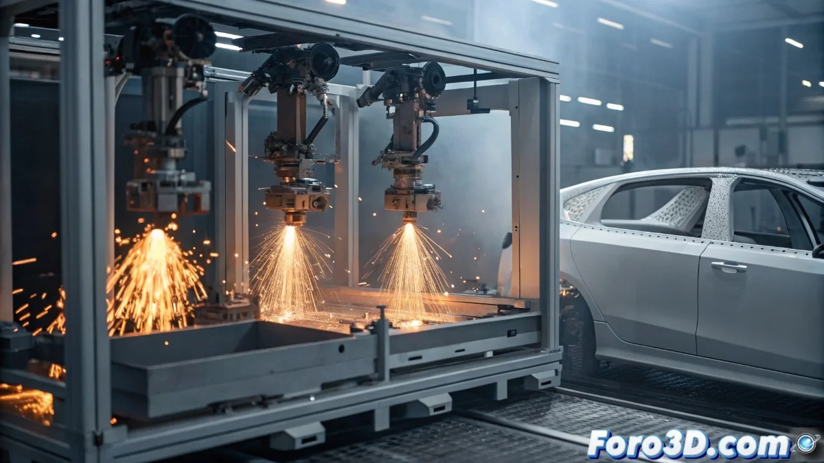 Impresora 3D de metal Brose-Farsoon con múltiples láseres procesando una pieza grande en la cámara de construcción, mostrando detalles del sistema de reciclaje de polvo metálico.