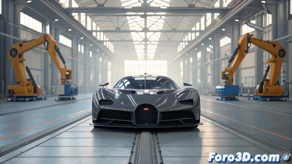 Vista detallada de componentes impresos en 3D del Bugatti Bolide mostrando varillas de suspensión de titanio y elementos estructurales con geometrías complejas