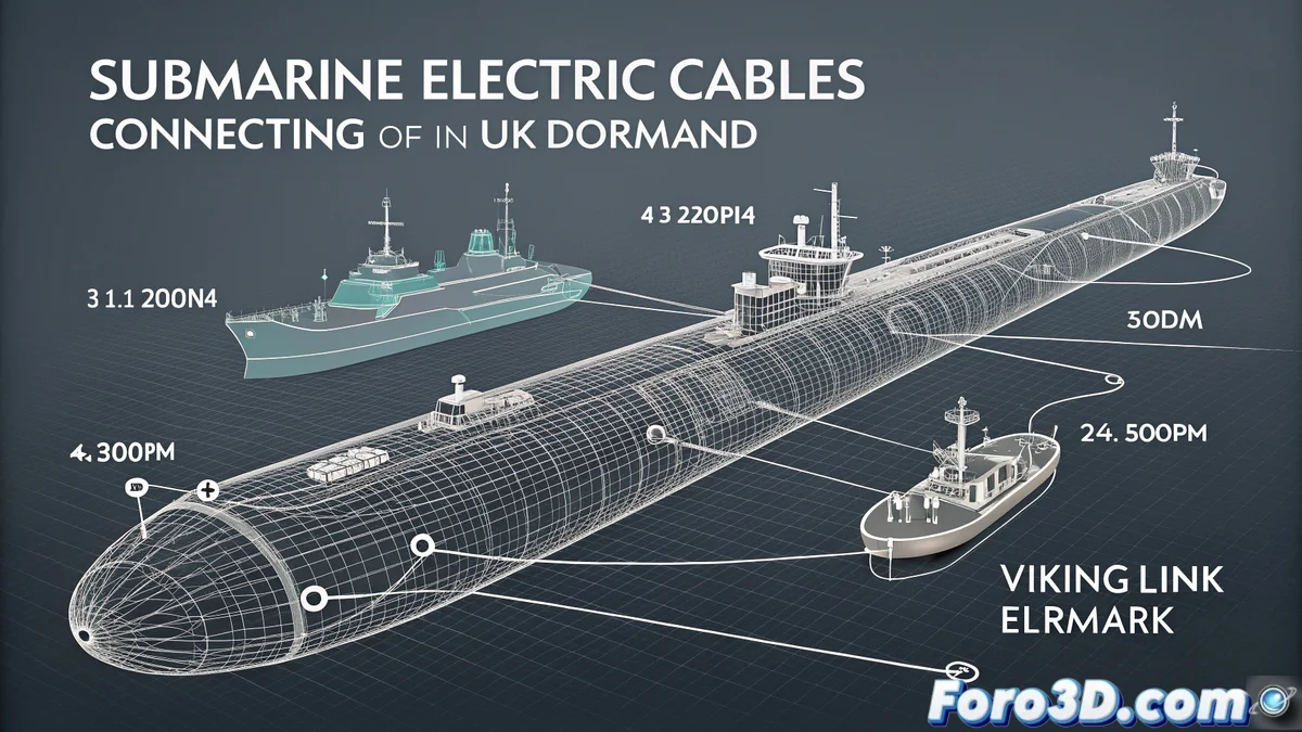 Ilustración vectorial de cables submarinos de alta tensión conectando estaciones de energía entre países, con turbinas eólicas marinas y gradientes de profundidad oceánica en estilo minimalista.