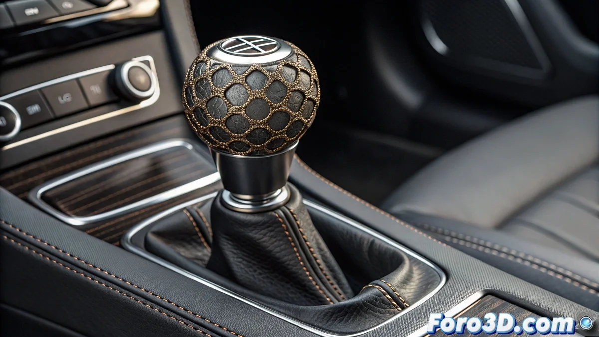 Detalle del pomo de cambios manual de un Cadillac Blackwing mostrando el medallón metálico impreso en 3D con el logo de la marca