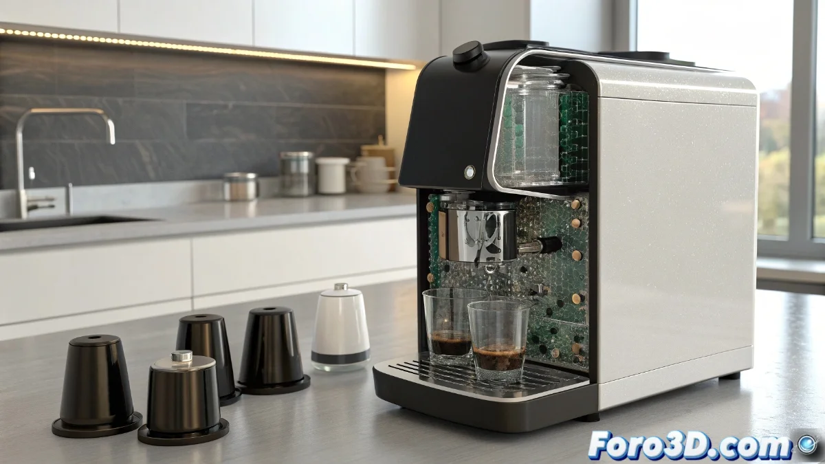 Cafetera de cápsulas moderna con display digital mostrando mensaje de error al insertar cápsula no original, con varias cápsulas oficiales y compatibles dispersas en la encimera