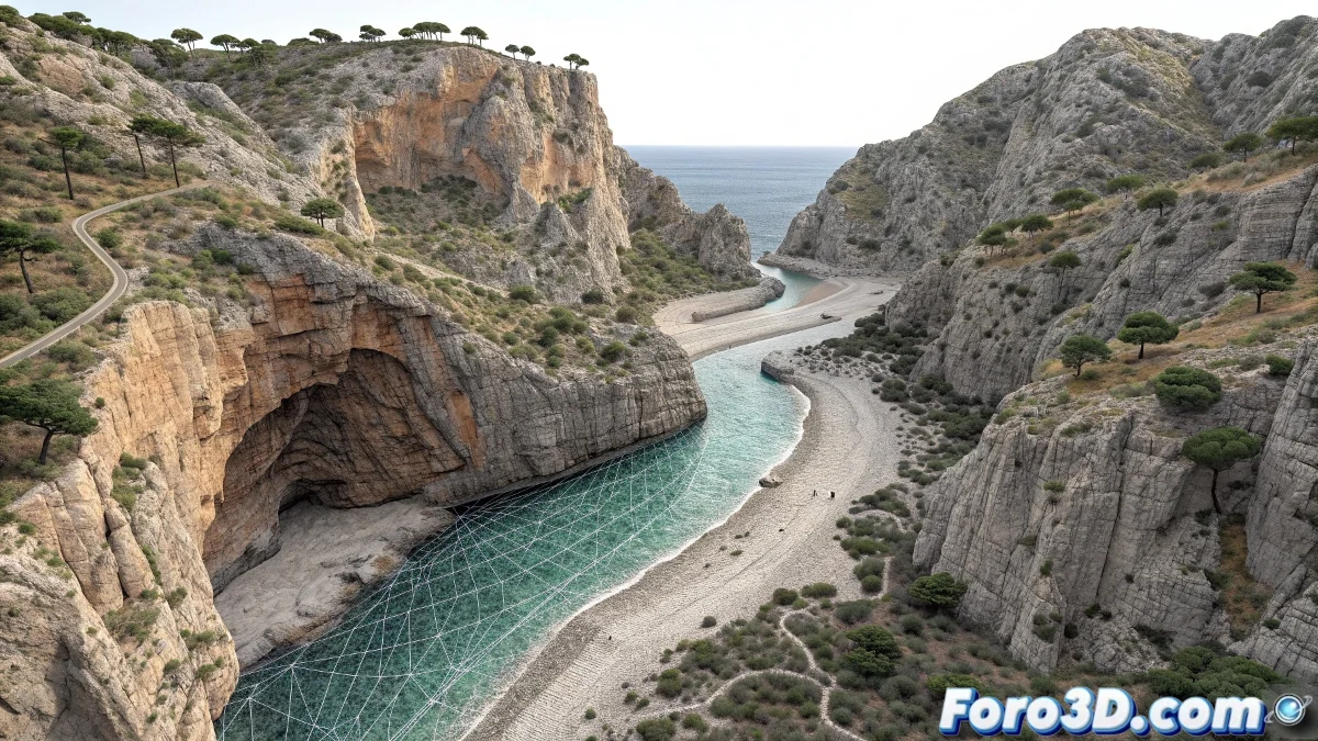 Cala de Sa Calobra en Mallorca con acantilados escarpados, túnel natural y aguas turquesas, bajo una luz dramática al atardecer con barcos fantasma.