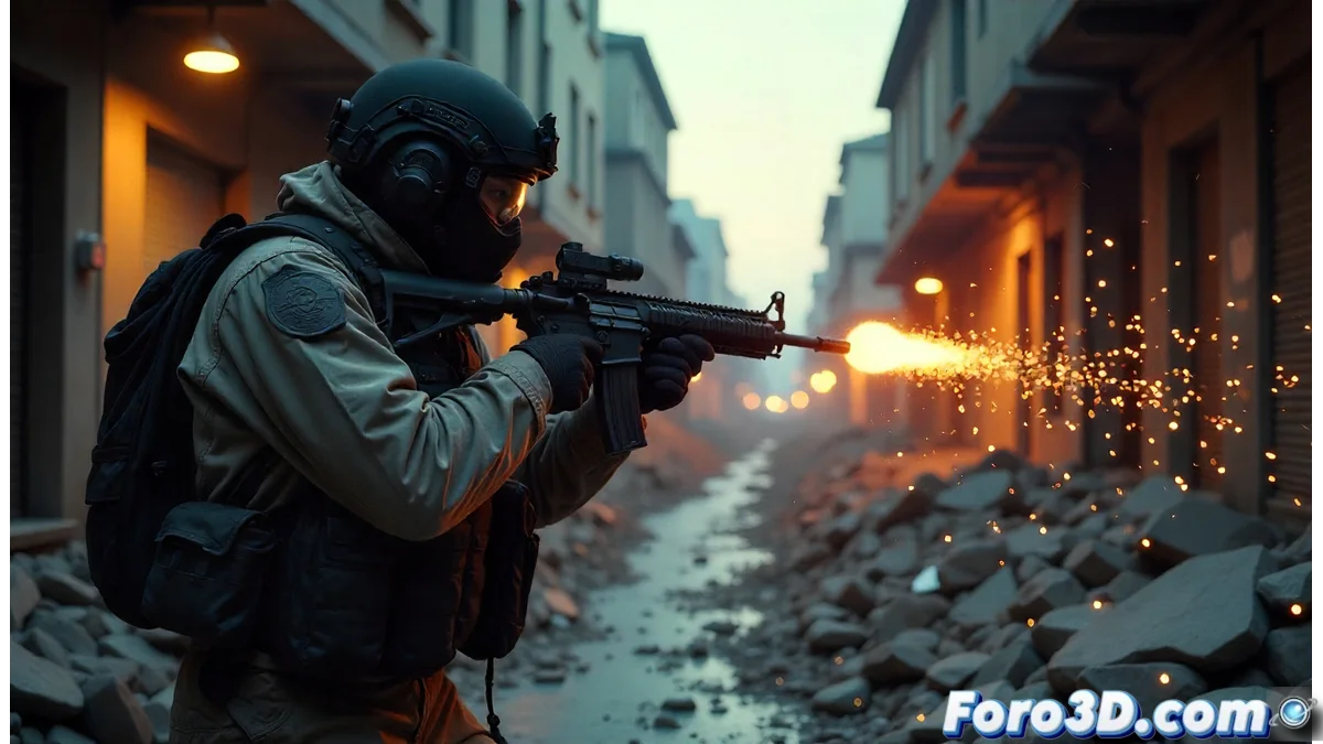 Portada de Call of Duty: Black Ops 7 mostrando un entorno hiperrealista con efectos de iluminación dinámica y partículas en un escenario de combate urbano.