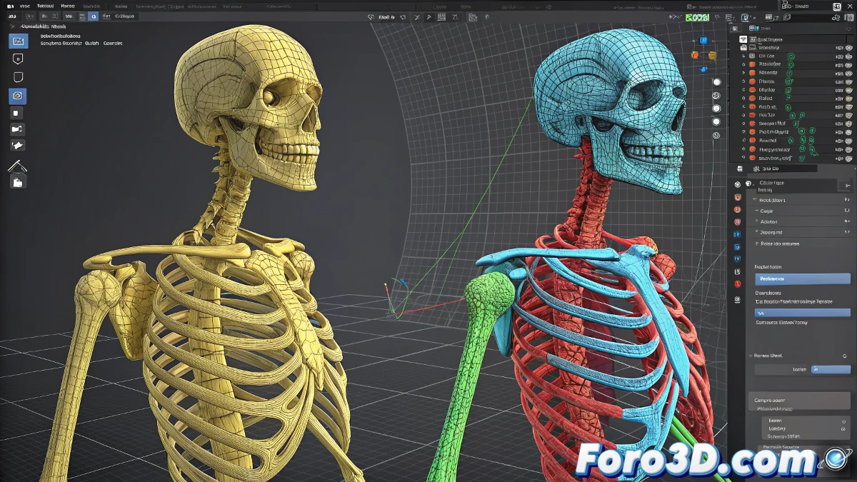 Imagen que muestra controles de rig en Blender antes y después de cambiar su color, resaltando la mejora en visibilidad y organización.