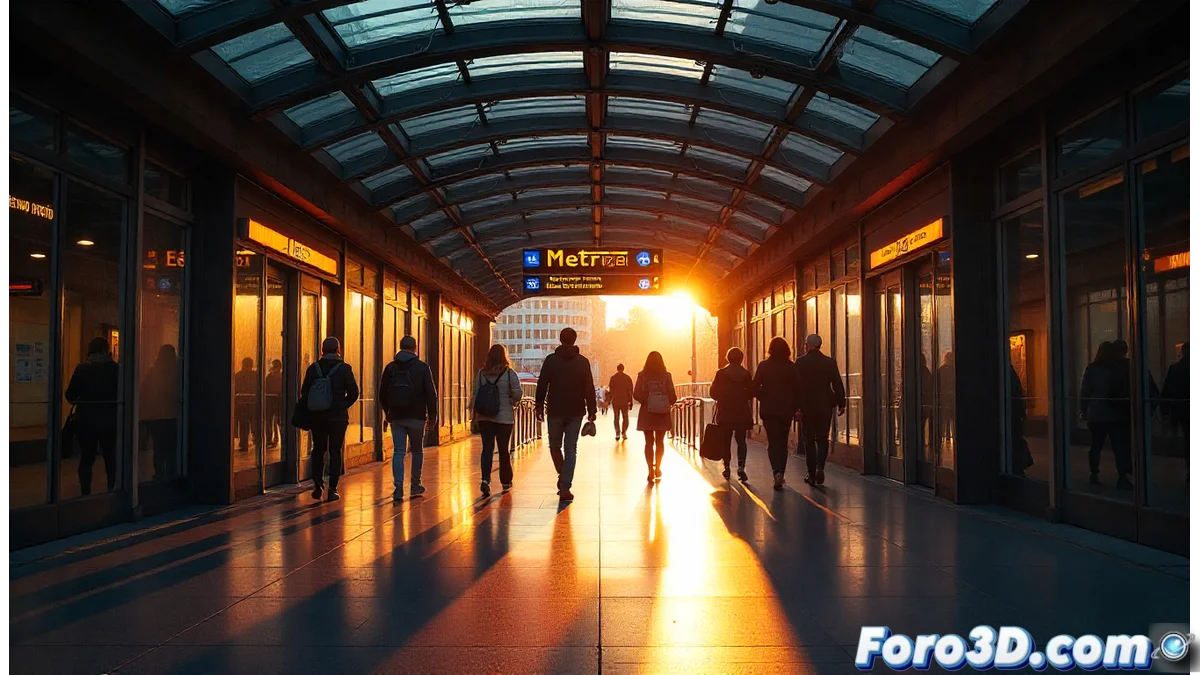 Fotografía de la entrada renovada de la estación de metro Bernabeu con el nuevo nombre en la señalética, mostrando el emblemático estadio del Real Madrid al fondo