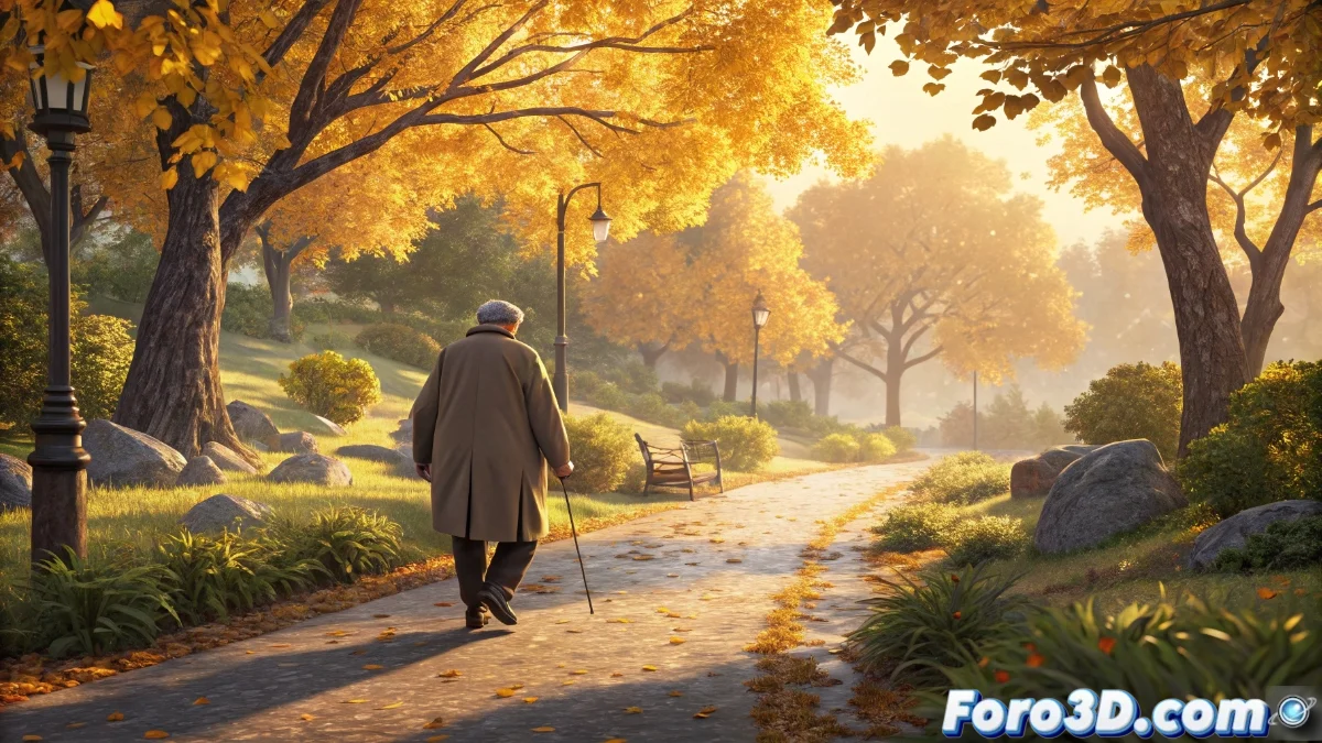 Persona mayor caminando en un parque mientras cuenta pasos con un dispositivo wearable, mostrando vitalidad y actividad física saludable