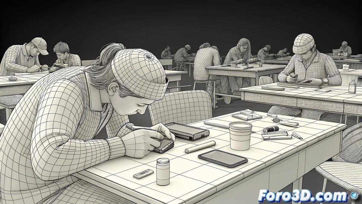 Escena 3D en iClone de técnicos compitiendo en la reparación de smartphones durante el campeonato mundial, con herramientas de precisión y dispositivos móviles sobre mesas de trabajo.