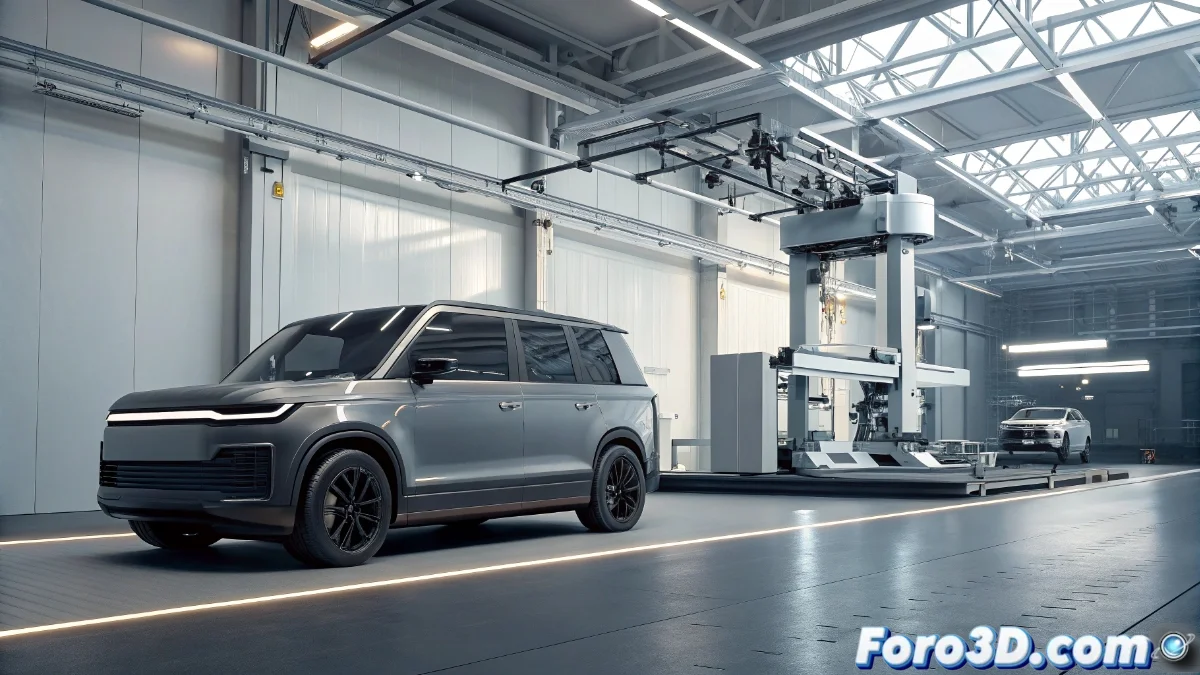 Vehículo eléctrico Canoo Lifestyle Vehicle con componentes impresos en 3D mostrados en detalle, incluyendo paneles de carrocería y estructura del chasis