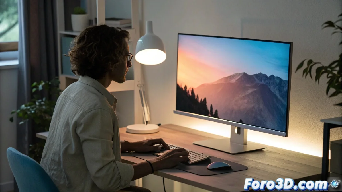 Persona trabajando frente a un monitor moderno con ajustes de confort visual, mostrando una interfaz sin parpadeo y luz azul reducida en un entorno de oficina bien iluminado.