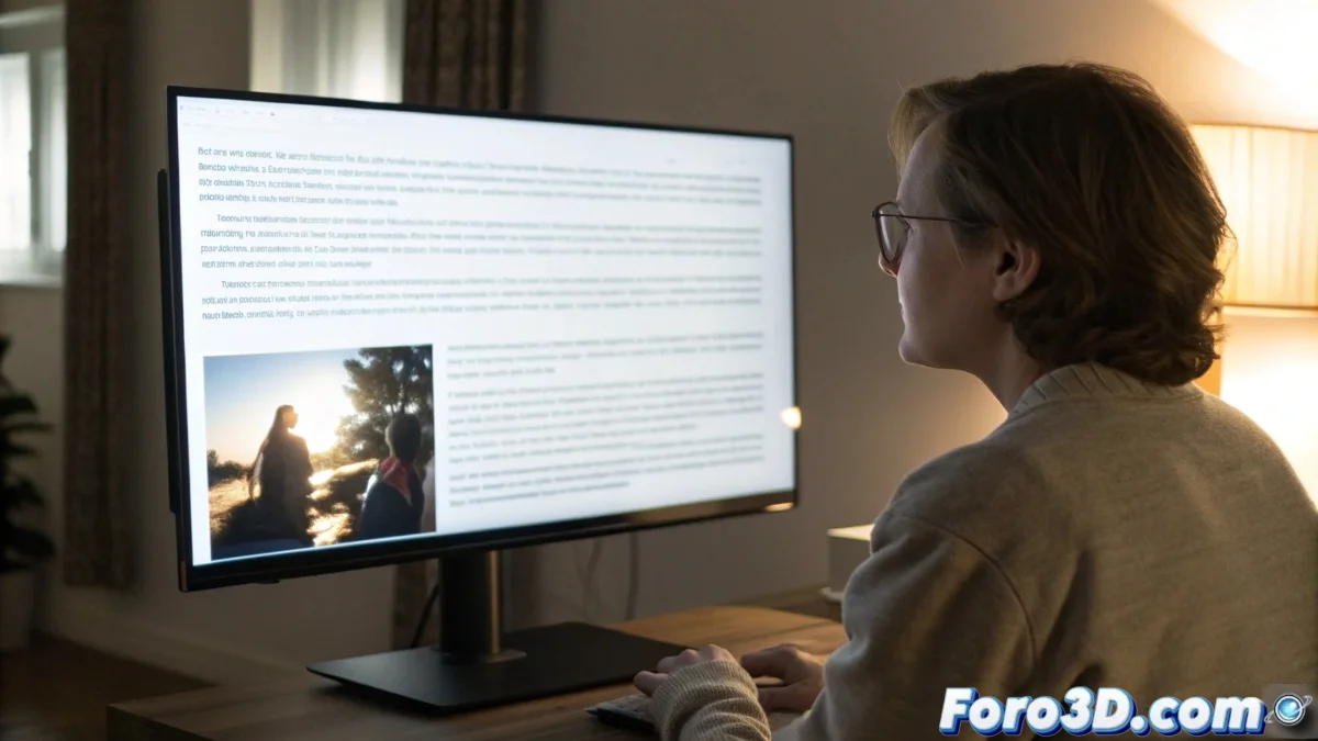 Monitor con panel IPS y ajustes ergonómicos mostrado en un entorno de oficina, con gráficos que destacan tecnologías de cuidado ocular.