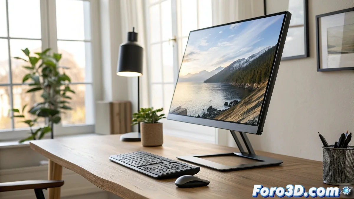 Monitor con panel IPS y superficie antirreflejos mostrado en un entorno de oficina, con ajustes ergonómicos visibles y etiquetas que destacan tecnologías como flicker-free y filtro de luz azul.