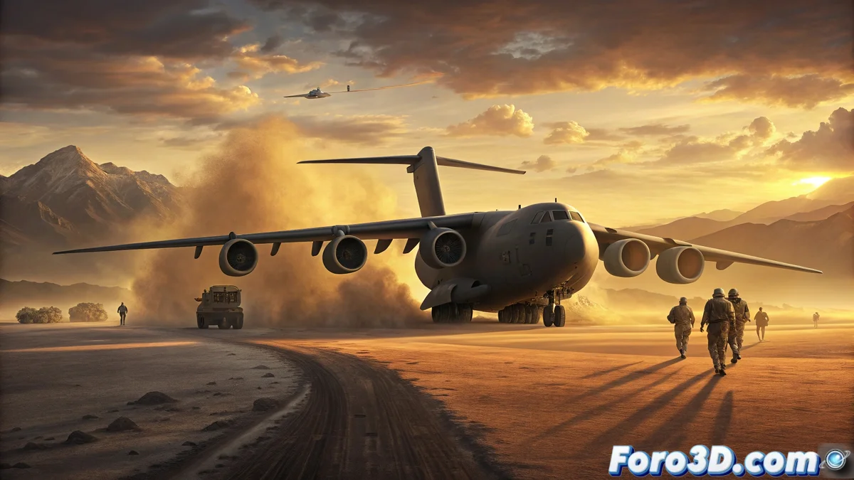 C-17 Globemaster III despegando desde una pista corta con carga militar visible en su rampa trasera abierta