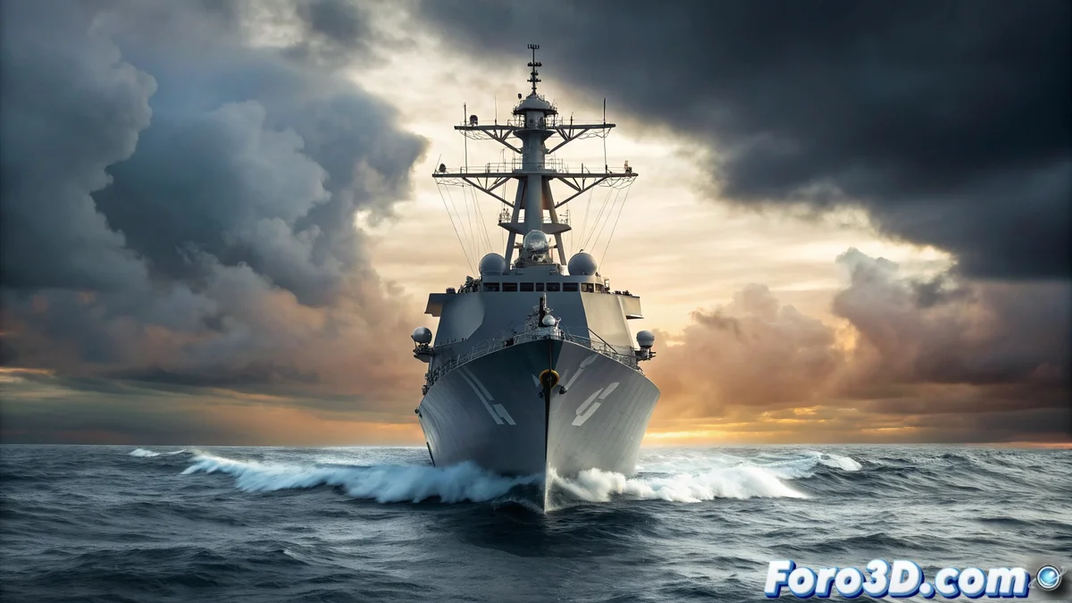 Render 3D del destructor Arleigh Burke mostrando detalles de superestructura angular, sistema VLS y plataforma de vuelo para helicópteros