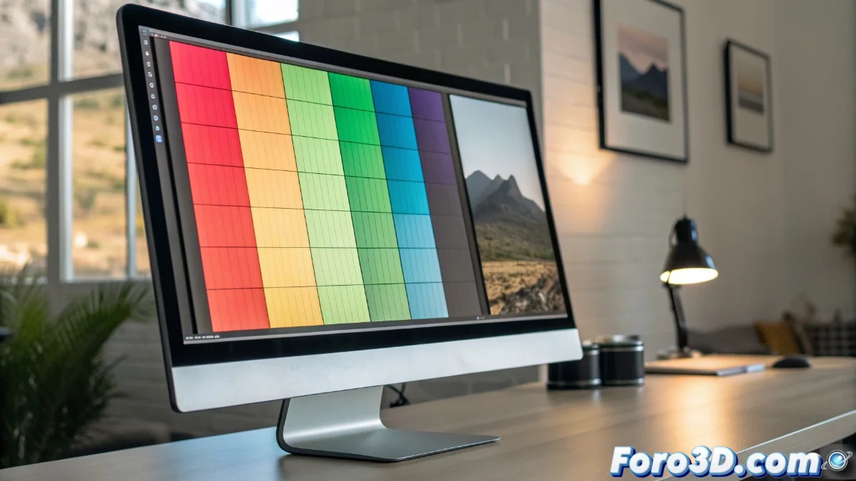 Monitor de computadora mostrando un espectro de colores con filtros de corrección para daltonismo, junto a gráficos que ilustran la diferencia entre visión normal y visión con deficiencia de color