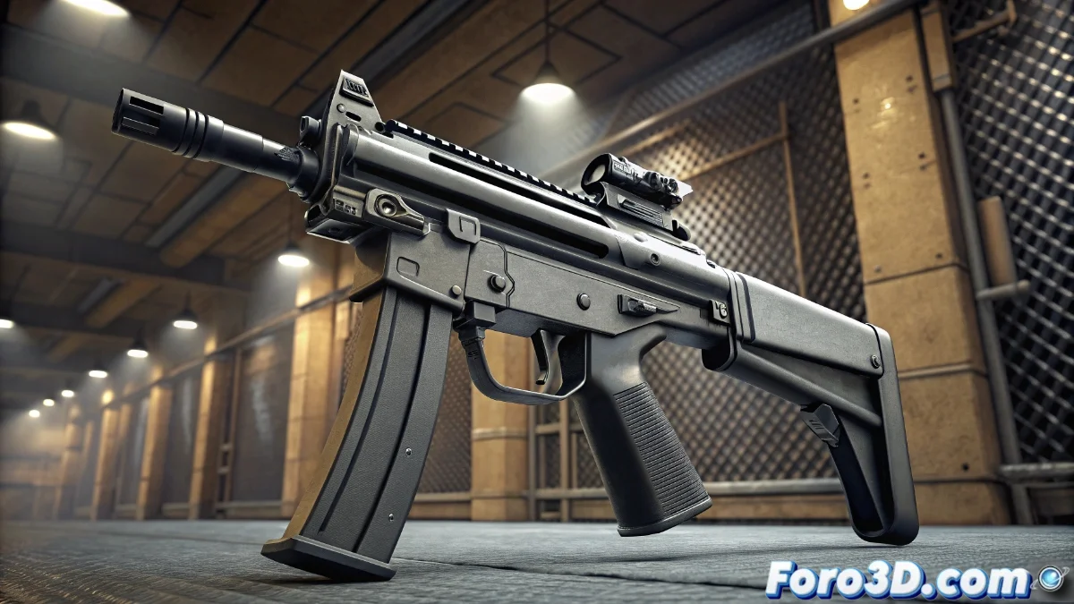 Render 3D profesional del subfusil MP5 mostrando detalles de construcción, texturas metálicas y componentes desmontables para referencia de modelado
