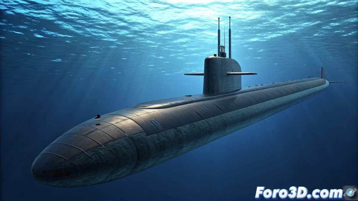 Submarino nuclear clase Ohio navegando en inmersión con detalles estructurales visibles de la vela y tubos de misiles