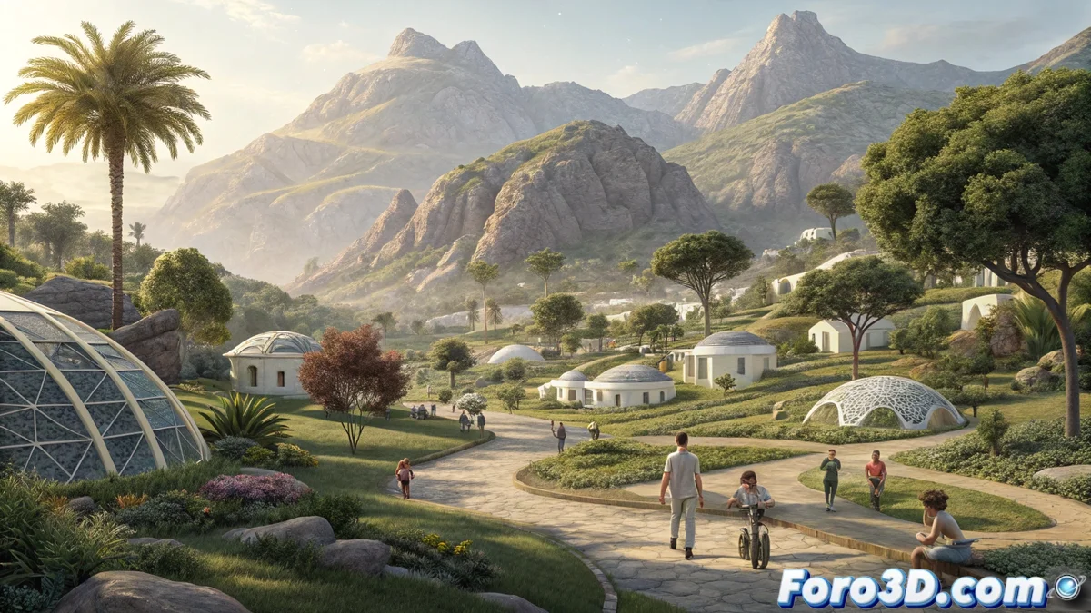 Vista aérea del pueblo blanco de Carratraca rodeado de montañas con superposición digital del proyecto Evolution Park mostrando estructuras tecnológicas integradas en el paisaje natural