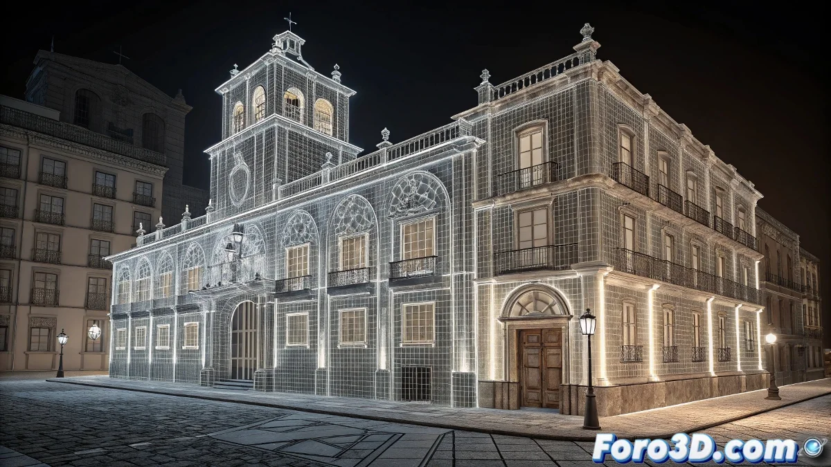 Render 3D de la Casa Lercaro mostrando el fantasma de la joven despechada flotando en un pasillo iluminado por luz tenue con efectos volumétricos y partículas sobrenaturales