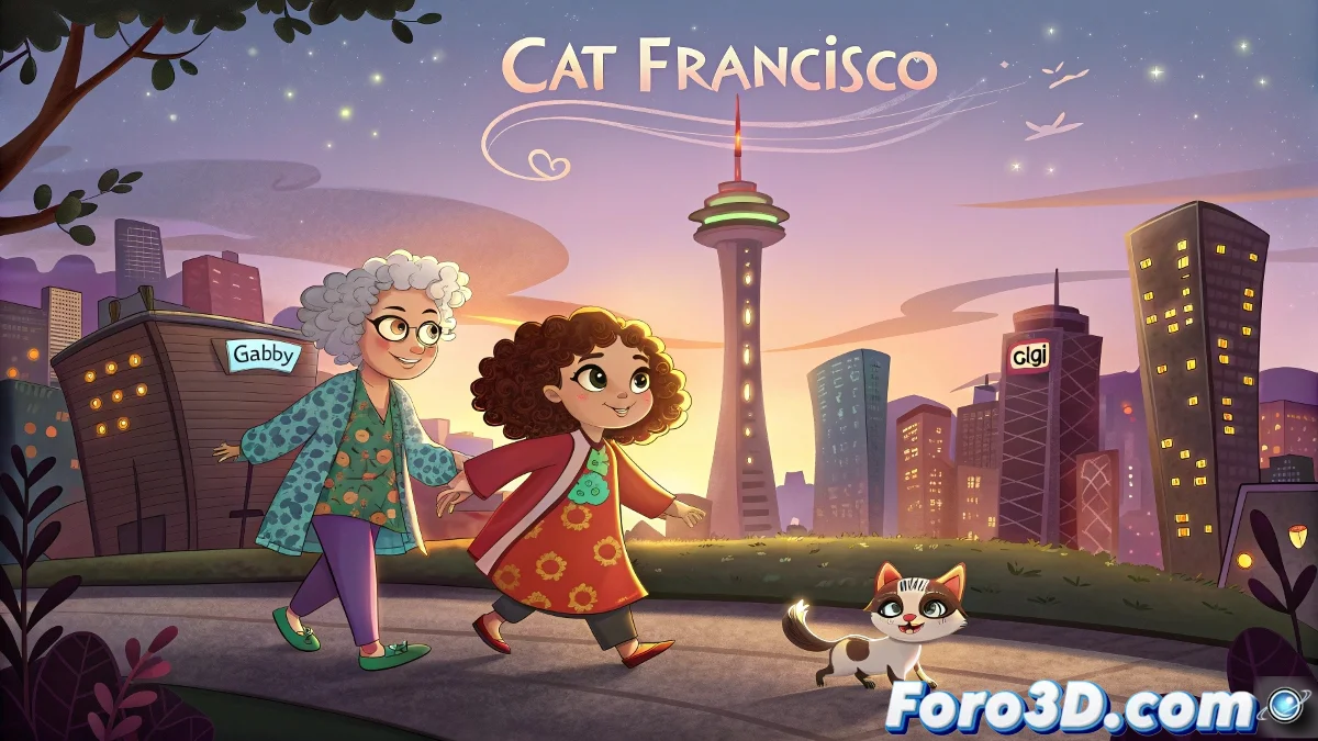 Gabby y su abuela miran sorprendidas hacia la cámara mientras una casa de muñecas flota mágicamente y varios gatos curiosos observan la escena.