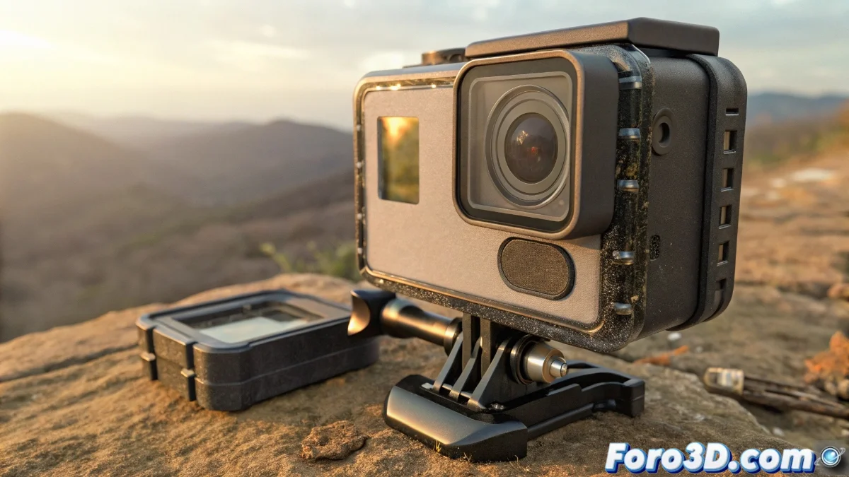 Cámara de acción GoPro mostrando la batería integrada con herramientas de reparación alrededor, ilustrando la dificultad de reemplazo para usuarios comunes