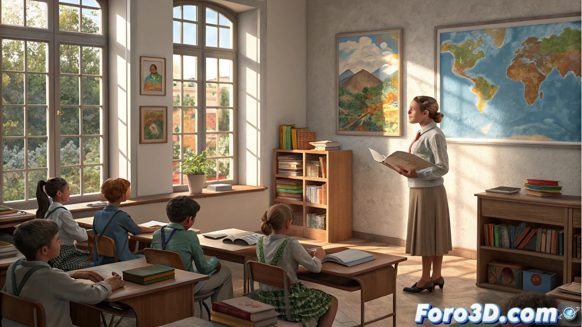 Profesor sonriente escribiendo en pizarra mientras estudiantes atienden en aula moderna de Castilla y León