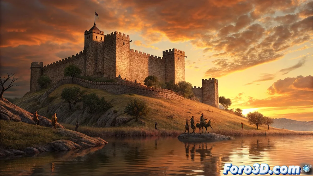 Ilustración vectorial del castillo de San Servando en Toledo al atardecer, con silueta imponente junto al río Tajo y luna creciente.