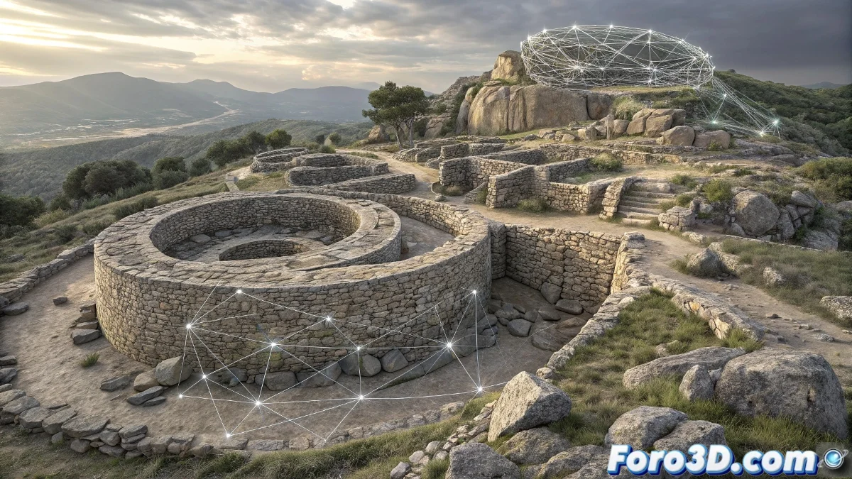 Pintura digital en Krita del Castro de Ulaca mostrando murallas vettonas, altares ceremoniales y atmósfera neblinosa al atardecer con paleta de colores terrosos y luces dramáticas.