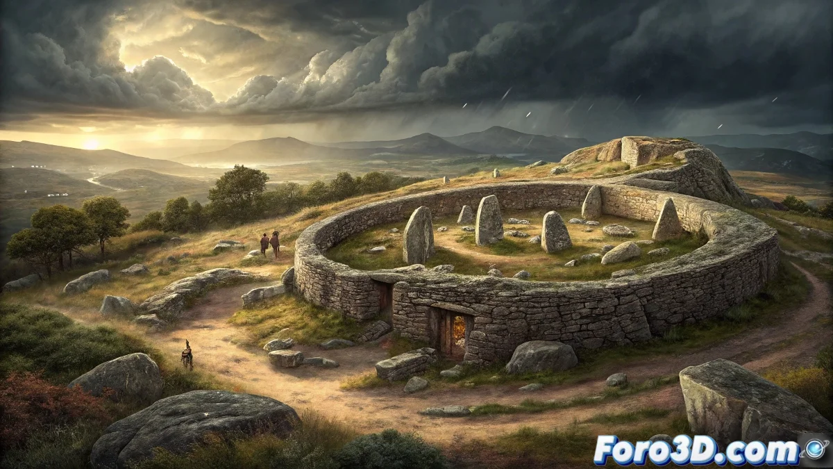 Pintura digital en Krita del Castro de Ulaca mostrando murallas vettonas, altares ceremoniales y atmósfera neblinosa al atardecer con paleta de colores terrosos y luces dramáticas.