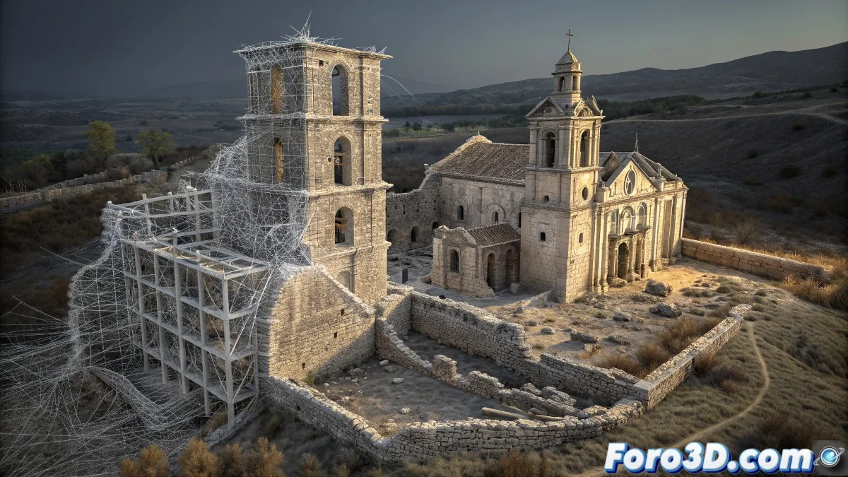 Render 3D de las ruinas de Caudilla en Cinema 4D mostrando muros derruidos del castillo con vegetación invasora y luz solar filtrándose a través de estructuras deterioradas