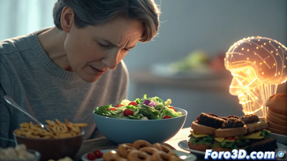 Diagrama cerebral mostrando activación de circuitos de recompensa ante alimentos hiperpalatables, con comparación de respuestas neuronales a comida y sustancias adictivas