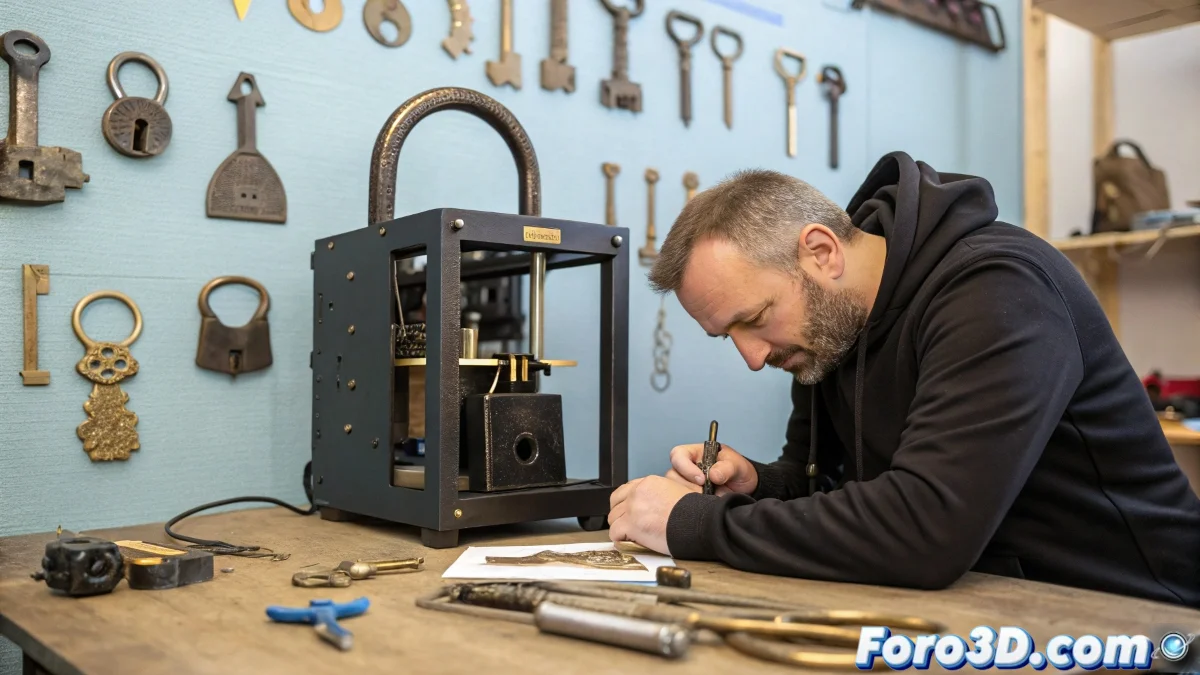 Cerrajero utilizando impresora 3D portátil para crear una llave personalizada mientras trabaja en una cerradura compleja.