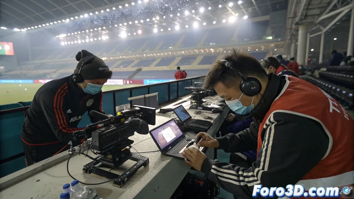 Escena 3D en iClone de técnicos compitiendo en la reparación de smartphones durante el campeonato mundial, con herramientas de precisión y dispositivos móviles sobre mesas de trabajo.
