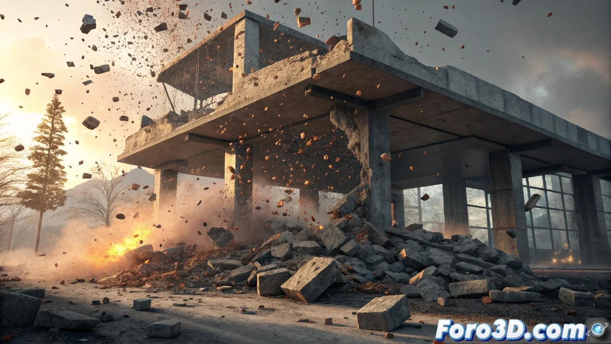 Sistema Chaos Destruction mostrando la destrucción en tiempo real de un edificio con escombros y partículas en Unreal Engine 5