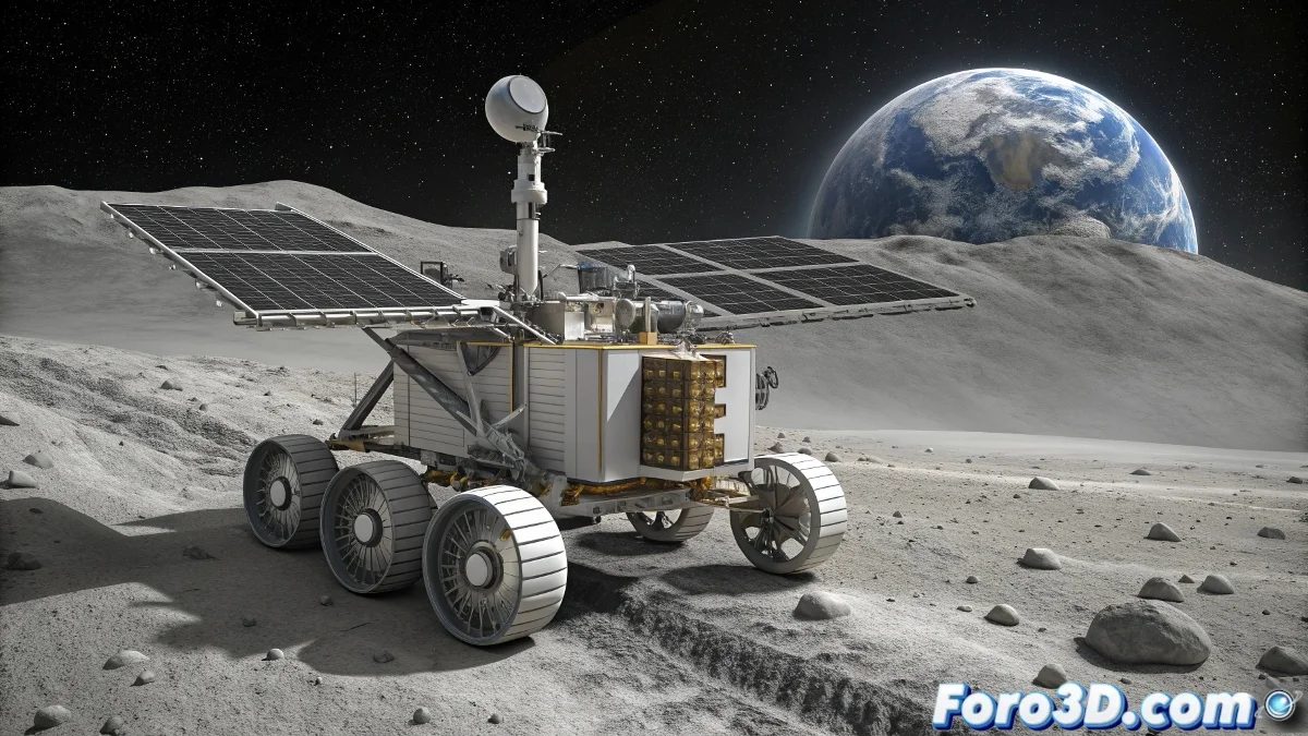 Máquina china de fabricación de ladrillos lunares procesando regolito simulado, con fondo de superficie lunar y base habitacional en construcción.