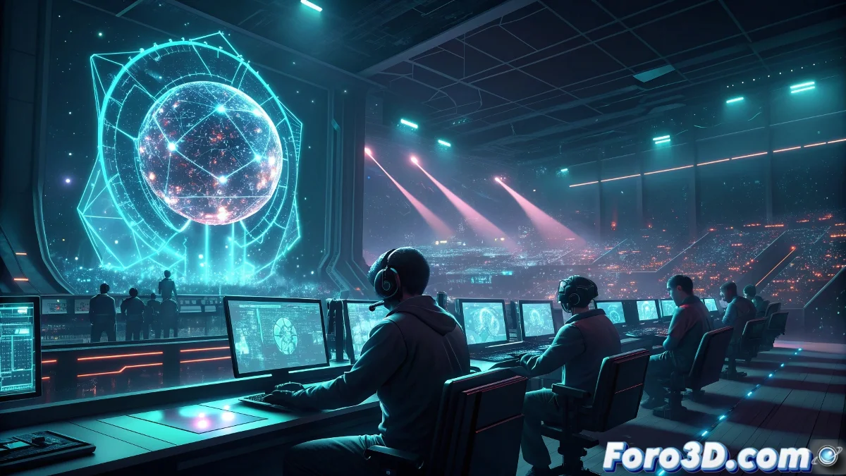 Equipos de desarrolladores trabajando en estaciones de trabajo con motores gráficos avanzados durante el torneo nacional de IA aplicada a gráficos en tiempo real en China.