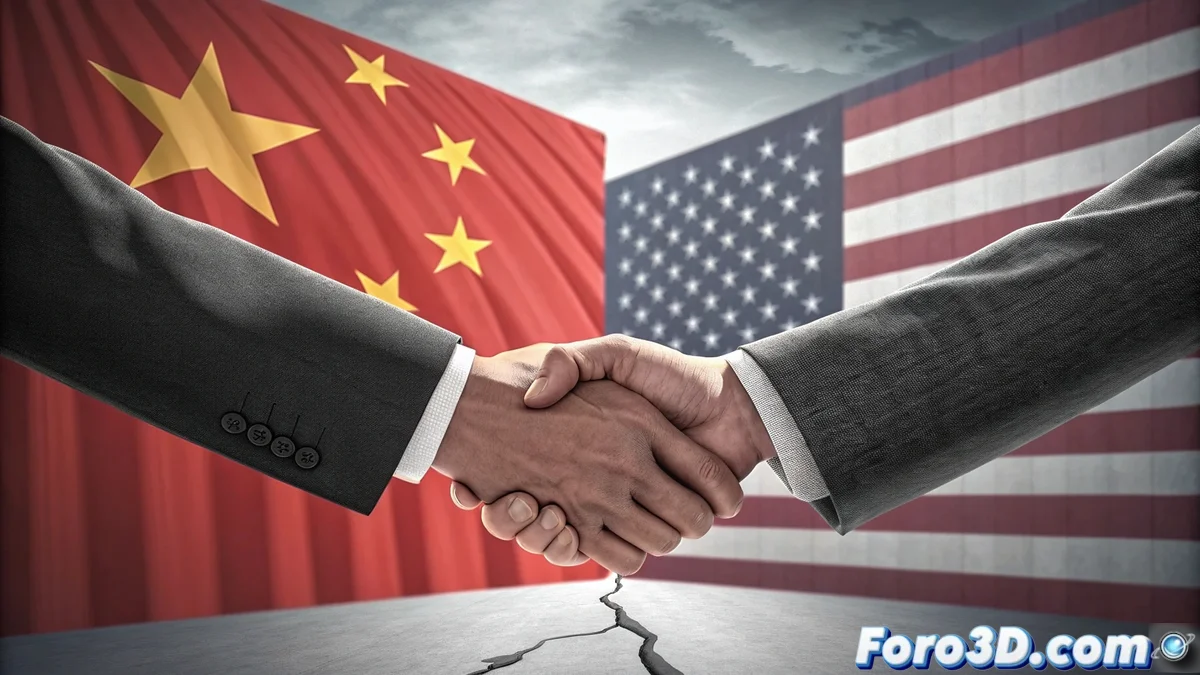 Bandera de China y Estados Unidos cruzadas con gráficos de crecimiento económico y flechas verces ascendentes en fondo de mapa mundial