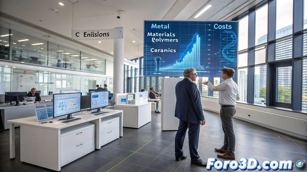 Equipo de ingenieros analizando datos de fabricación en pantallas digitales con gráficos 3D, mostrando el proceso de optimización industrial.