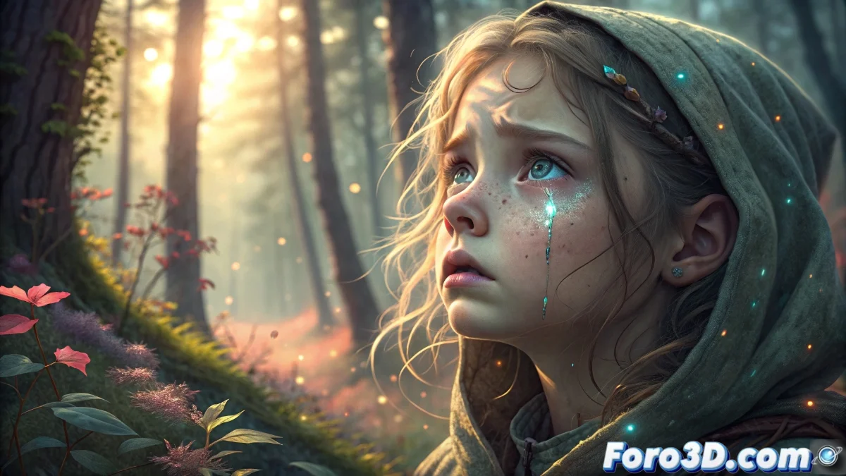 Fotograma del cortometraje mostrando a la protagonista con lágrimas transformándose en perlas brillantes contra un fondo onírico con colores saturados y composición elaborada