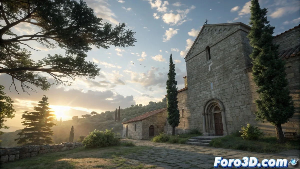 Render 3D de un cielo realista con nubes y sol, creado en 3ds Max y V-Ray para proyectos de animación.